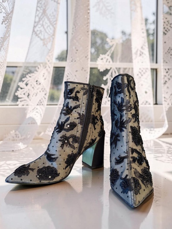 Betsey Johnson Shoes - Betsey Johnson Black Beaded Floral Mesh Ankle Boots